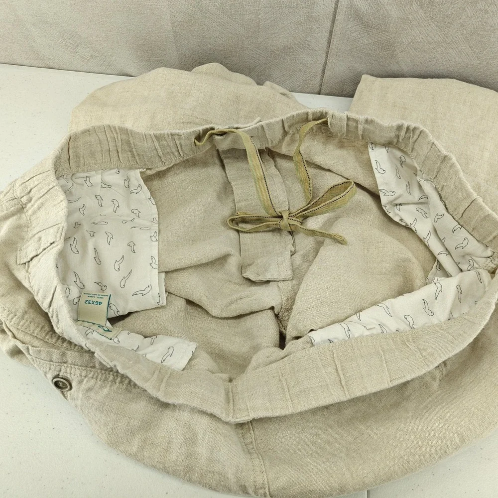 Caribbean Cargo Pants Mens 46x32 Beige 100% Linen Drawstring Tropical Vacation